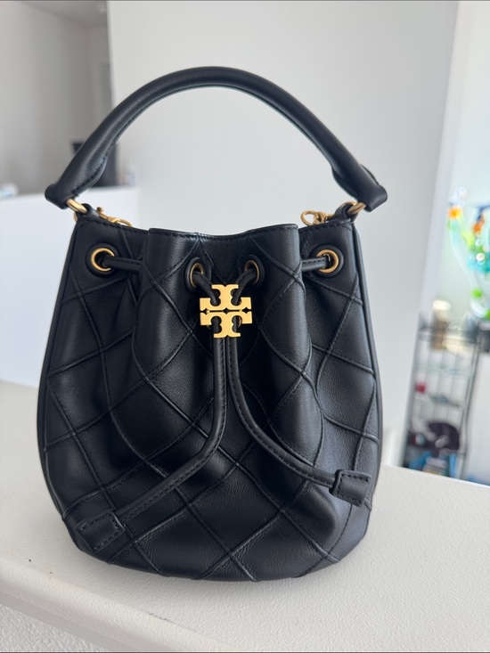 Tory Burch Handbags - Tory Burch Black Quilted Leather Mini Drawstring Bucket Bag with Gold Hardware